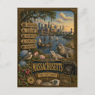 Groeten uit Massachusetts Vintage Retro Kunst Briefkaart