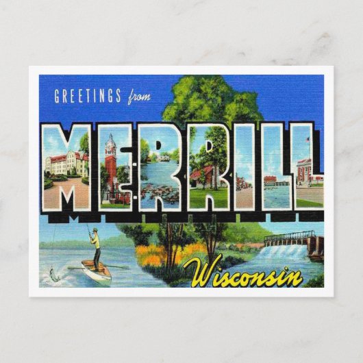 Groeten uit Merrill, Wisconsin Vintage Travel Briefkaart (Voorkant)