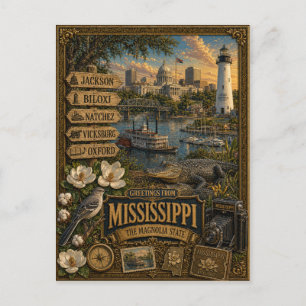 Groeten uit Mississippi   Vintage Retro Kunst Briefkaart