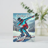 Groeten uit Nagano Japan Dabbing Skier Briefkaart (Staand voorkant)