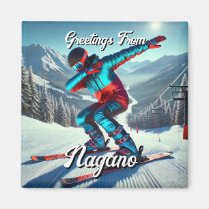 Groeten uit Nagano Japan Dabbing Skier Briefkaart Magneet