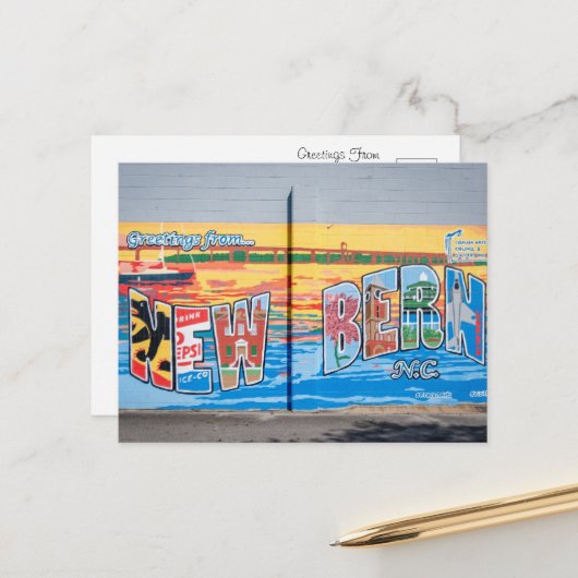Groeten uit New Bern, North Carolina Briefkaart (Voorkant / Achterkant in situ)