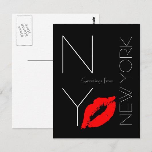 Groeten uit New York Red Lipstick Kiss Black Briefkaart (Voorkant / Achterkant)