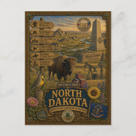 Groeten uit North Dakota | Vintage Retro Kunst Briefkaart