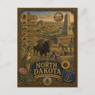 Groeten uit North Dakota   Vintage Retro Kunst Briefkaart