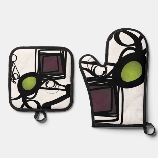 Groeten uit Philydion: Abstract Zwart & Wit Ovenwant & Pannenlap Set (Voorkant)