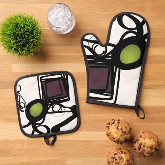 Groeten uit Philydion: Abstract Zwart & Wit Ovenwant & Pannenlap Set (Top down)