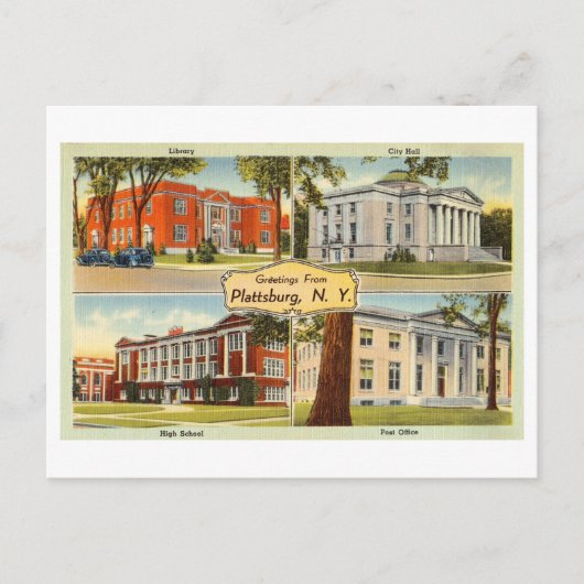 Groeten uit Plattsburg, New York, Vintage Briefkaart (Voorkant)