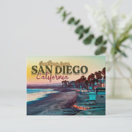 Groeten uit San Diego Ca Waterverf Sunset 60s Briefkaart (Staand voorkant)