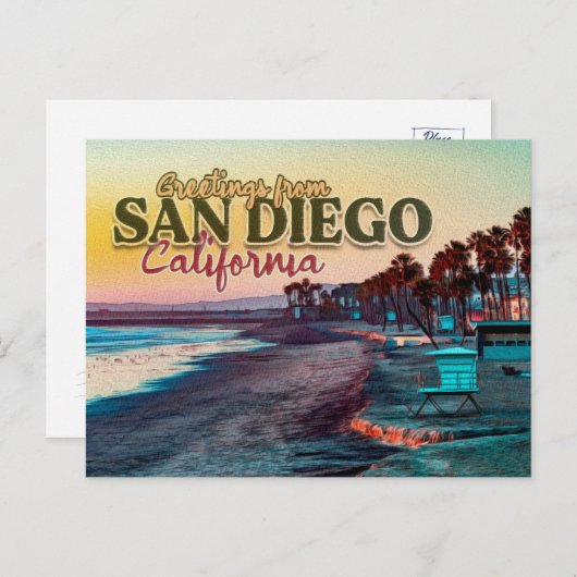 Groeten uit San Diego Ca Waterverf Sunset 60s Briefkaart (Voorkant / Achterkant)