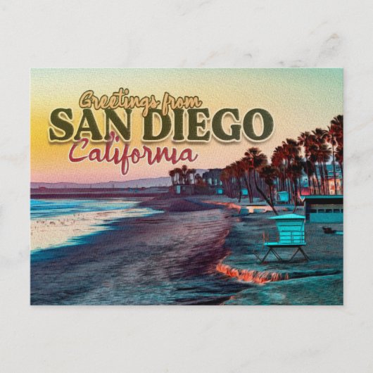 Groeten uit San Diego Ca Waterverf Sunset 60s Briefkaart (Voorkant)