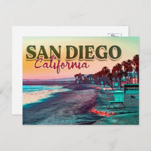 Groeten uit San Diego Ca Waterverf Sunset 60s Briefkaart (Voorkant / Achterkant)