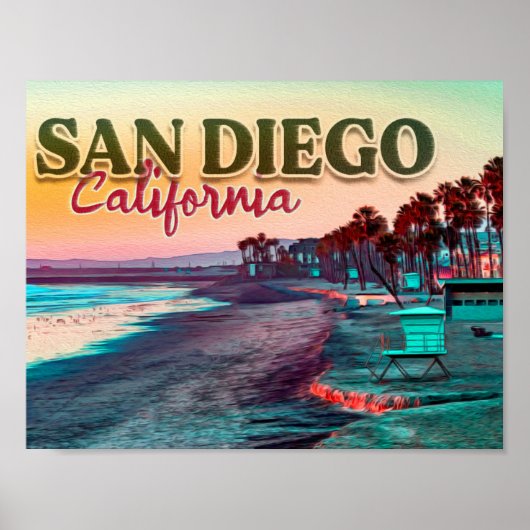 Groeten uit San Diego Ca Waterverf Sunset 60s Poster (Voorkant)