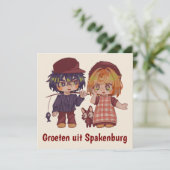 Groeten uit Spakenburg chibi, jongen en meisje. Kaart (Staand voorkant)