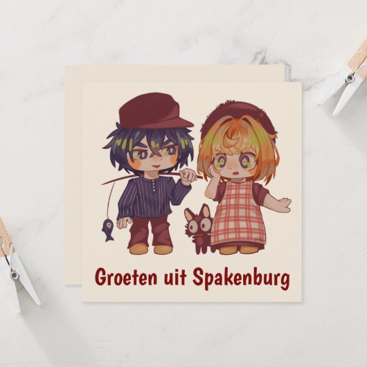 Groeten uit Spakenburg chibi, jongen en meisje. Kaart (Voorkant / Achterkant in situ)