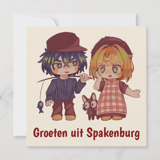 Groeten uit Spakenburg chibi, jongen en meisje. Kaart (Voorkant)