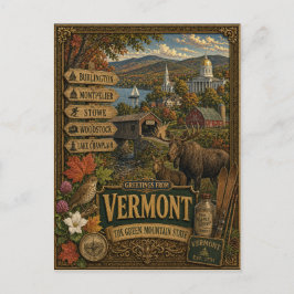 Groeten uit Vermont | Vintage Retro Kunst Briefkaart