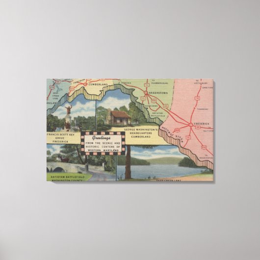 Groeten uit Western Maryland (gedetailleerde kaart Canvas Afdruk (Voorkant)