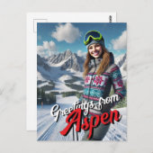 Groeten van Aspen Vrouw Skier Briefkaart (Voorkant / Achterkant)