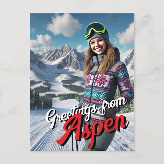 Groeten van Aspen Vrouw Skier Briefkaart (Voorkant)