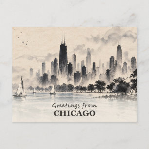 Groeten van Chicago Skyline Inkt Wash Briefkaart