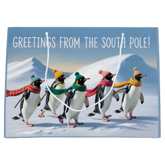 "Groeten van de Zuidpool" Pinguïn Design Groot Cadeauzakje (Voorkant)
