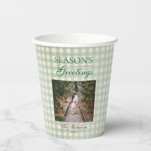 Groeten van het seizoen Gingham Christmas Papieren Bekers (Voorkant)