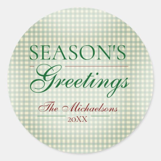 Groeten van het seizoen Gingham Christmas Ronde Sticker (Voorkant)