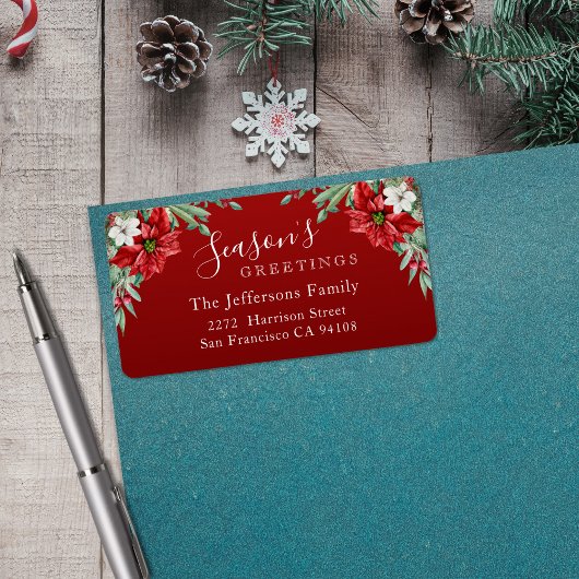 Groeten van het seizoen Poinsettia Red Christmas Etiket