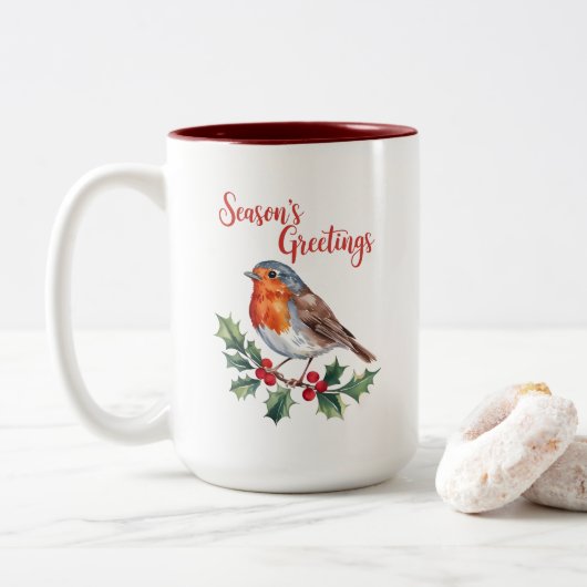 Groeten van het seizoen van Cheerful Robin Tweekleurige Koffiemok (Met donut)