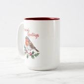 Groeten van het seizoen van Cheerful Robin Tweekleurige Koffiemok (Voorkant links)