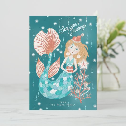 Groeten van het seizoen Zeemeermin Feestdagenkaart (Staand voorkant)