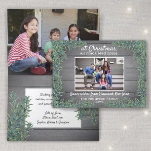 Groeten van Home Christmas Photo Wood Greenery Feestdagen Kaart