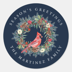 Groeten van Red Cardinal Pine Wreath Season Ronde Sticker