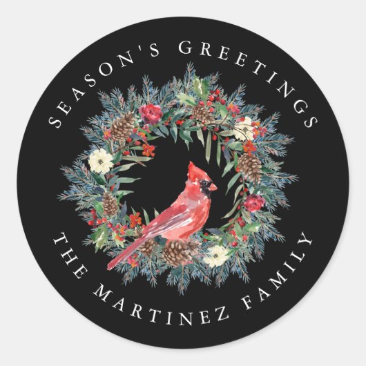 Groeten van Red Cardinal Pine Wreath Season Ronde Sticker (Voorkant)