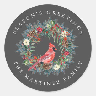 Groeten van Red Cardinal Pine Wreath Season Ronde Sticker