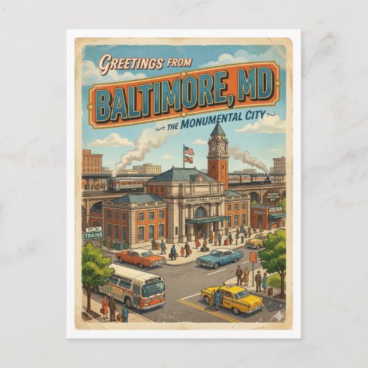 Groeten vanuit Baltimore MD Treinstation Retro Briefkaart (Voorkant)