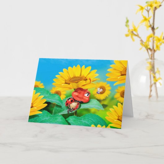 Groetjes kaart slaperig lieveheersbeestje zonneblo (Gele Bloem)