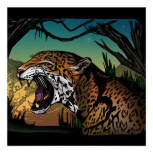 Grommende Jaguar Jungle Wandkunst – Wilde Kat Teal Perfect Poster