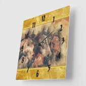 Grondige paarden die in een veld rijden vierkante klok (Hoek)