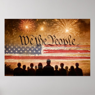 Grondwet van de VS met vlag en vuurwerk Poster