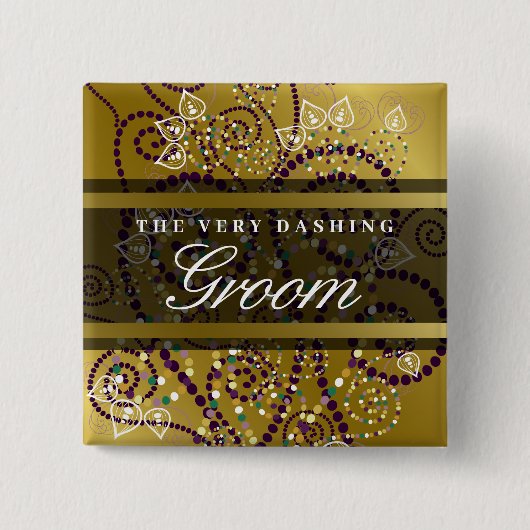 GROOM Boho Paarse Spirals Gold Chic Wedding Button (Voorkant)