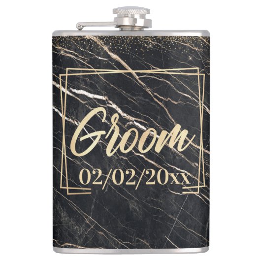 Groom Elegant: Gouden Marmeren Viering Heupfles (Voorkant)