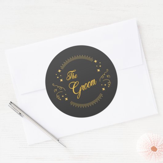 Groom Gold Wedding Elegant Script Gold Black Ronde Sticker (Envelop)