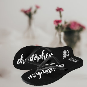 Groom Script Name Wedding Date Black Teenslippers