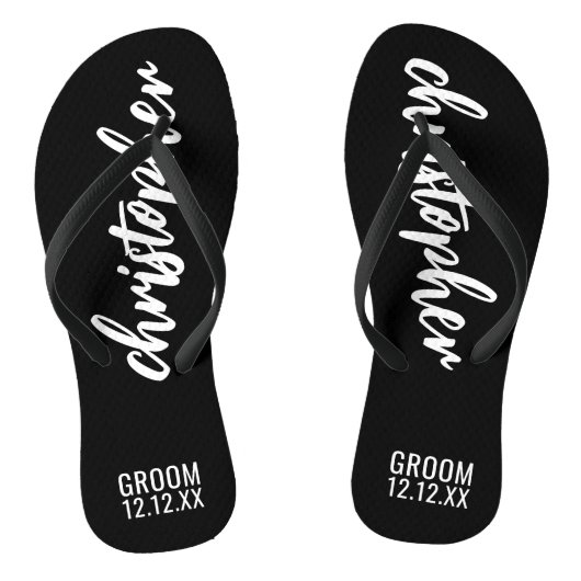 Groom Script Name Wedding Date Black Teenslippers (Voetbed)