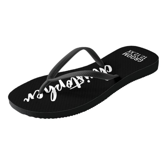 Groom Script Name Wedding Date Black Teenslippers (Schuin)