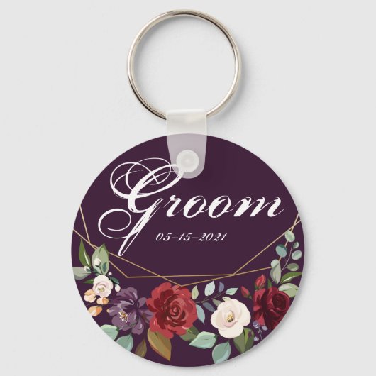 Groom Sleutelhanger Plum Paarse Rozen Goud Geometr (Voorkant)
