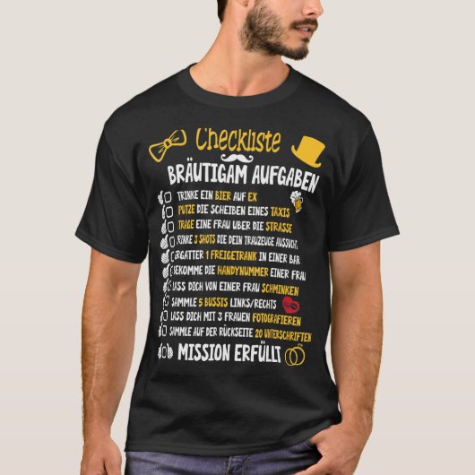 Groom Taken Poltern JGA Checklist T-shirt (Voorkant)