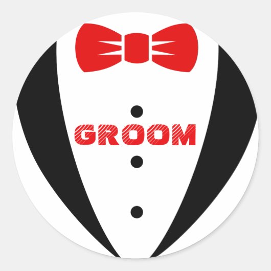 Groom Tex-Black Tuxedo & Red Bowtie Ronde Sticker